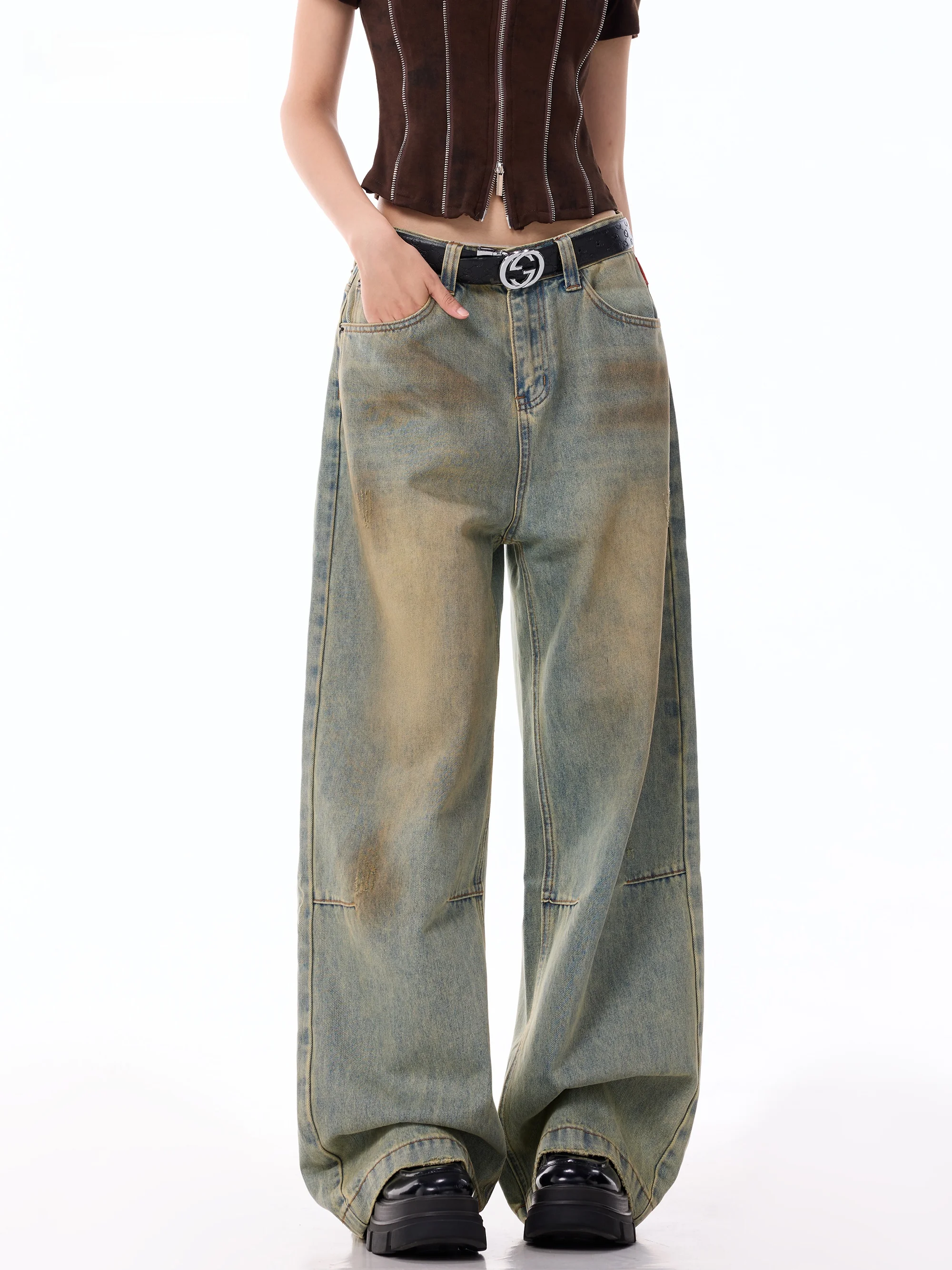 Washed Wide Leg Jeans Women High Street Vintage Deconstructed Loose Straight Slimming Long Trousers Casual Cotton Polyester