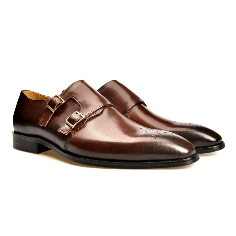 Mengke-zapatos de cuero hechos a mano con doble hebilla para hombre, traje de un pie con punta cuadrada, Goodyear