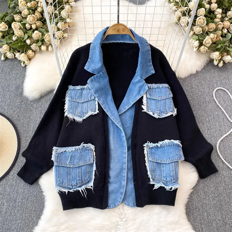 2023 Fashion Personalized Knitted Patchwork Denim Jacket Women\'s Autumn Winter Loose Lazy Style Sweater Blazer Cardigan Z4088