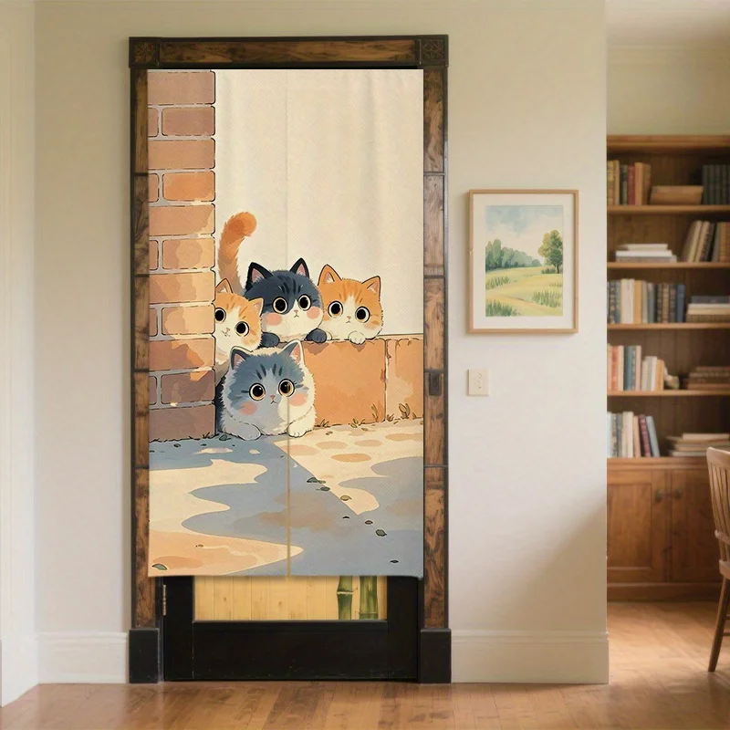 

cute cartoon cats peeking from wall door curtain playful design for bedroom living room home decor Enhance spatial aesthetics