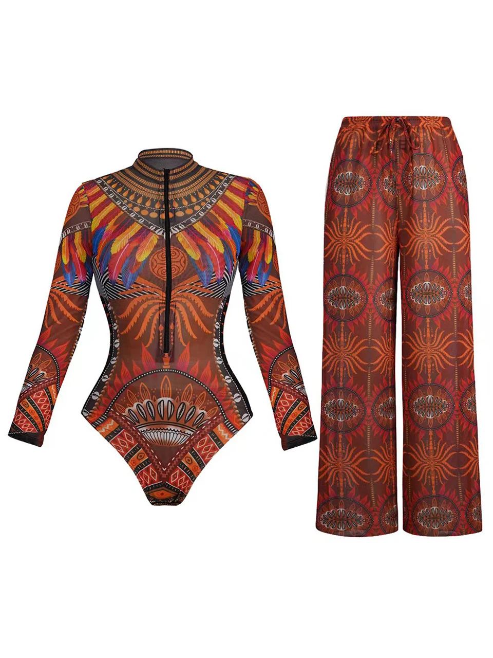 

Купальник-рашгард с длинными рукавами и прозрачными вставками, пляжная юбка-накидка, 2026, женский, с этническим принтом, защита от УФ-излучения SPF35