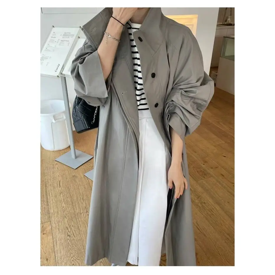 Autumn High-quality Temperament Casual Design Versatile Long Stand-collar Lace-up Windbreaker Jacket