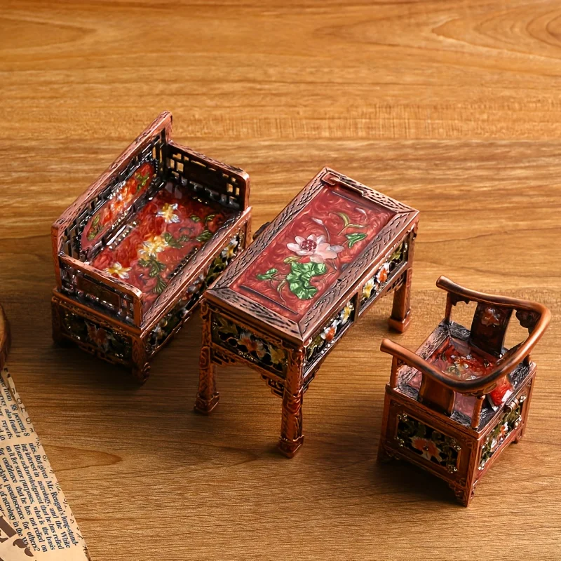 Vintage Chinese-style Table and Chair Home Ornament, Enamel-painted Sofa Accessory Box, Home Decoration
