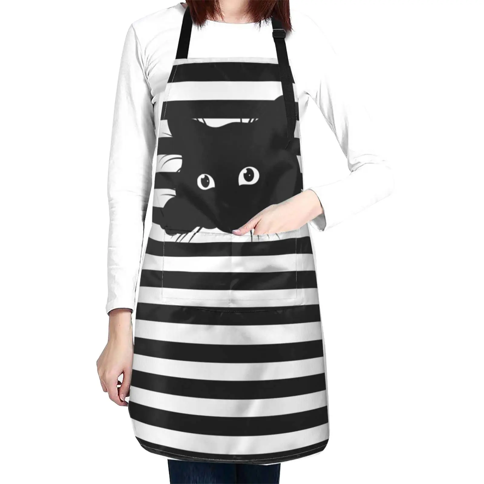 

Funny Black Cat Waterproof Apron With 2 Pockets Kitchen Chef Aprons Bibs For Cooking Baking Painting Gardening Grooming