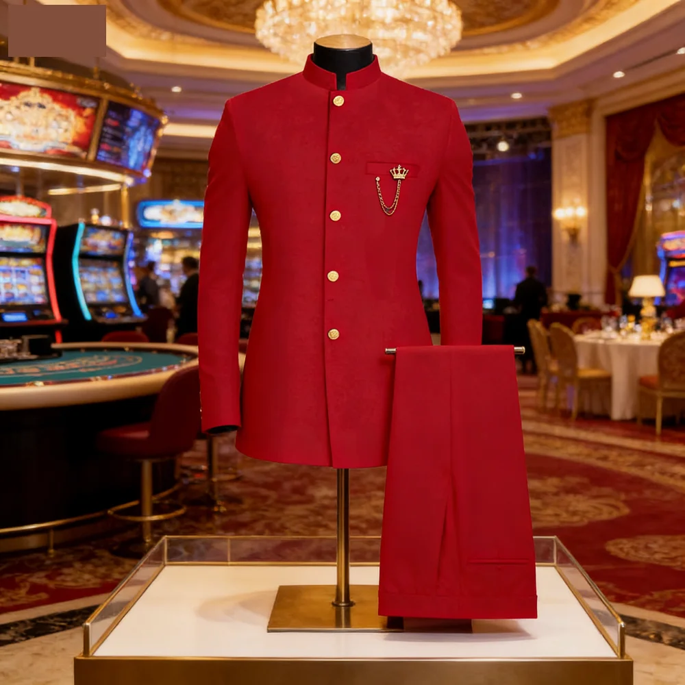 

Blazer e calças compridas de peito único com gola Stand masculino, terno sólido, estilo africano, trajes formais de negócios e c