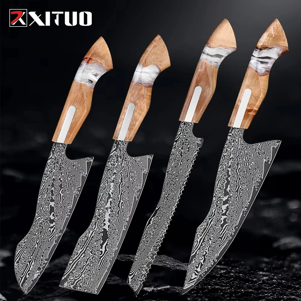 

67-слойный набор кухонных ножей из кованой дамасской стали VG10 (1-4 шт.) Острый нож шеф-повара в современном стиле с ручкой из белой смолы и дерева