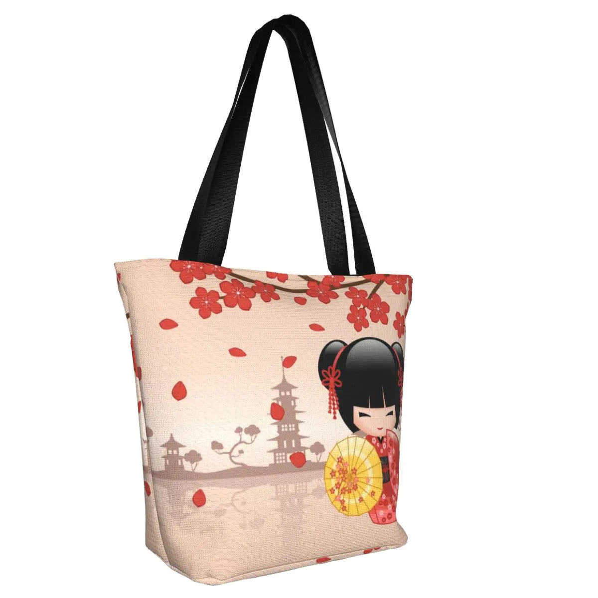 CUSTOM ญี่ปุ่นสีแดงซากุระ Kokeshi ตุ๊กตา Shopping Tote กระเป๋าน่ารัก Cherry Blossom ร้านขายของชําผ้าใบ Shopper กระเป๋าสะพาย