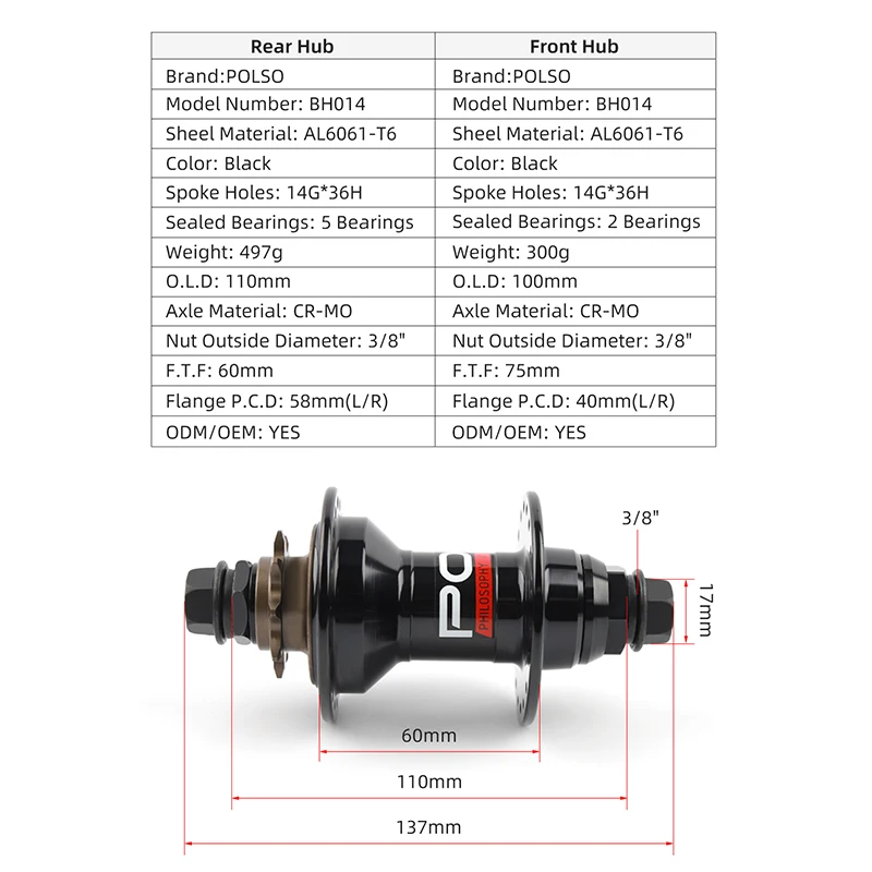 POLSO BMX Bike Hub 9T 36H 100x3/8 110x3/8 Front and Rear BMX Hubs Sealed Bearings Fatland Freestyle BMX Parts