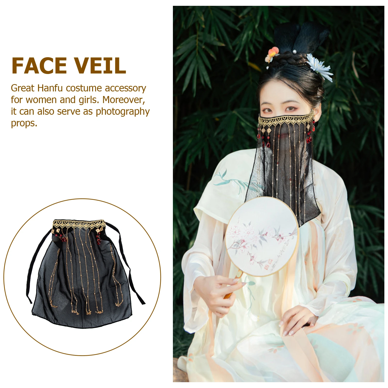 Retro Tassel Face Veil Women Beaded Sunscreen Dance Hanfu Accessory Vintage Clothing Props One Size Fits All Girls