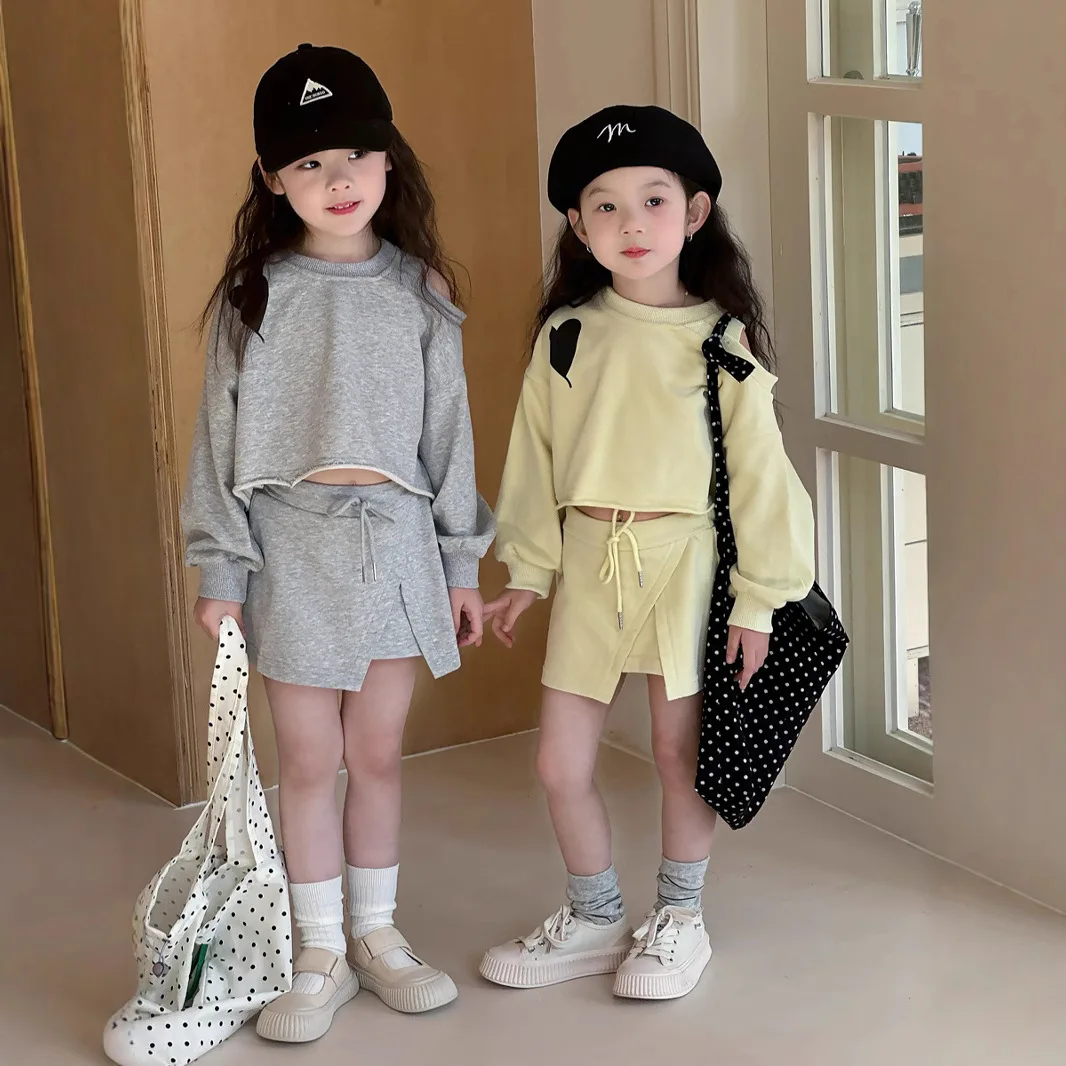 Children Clothes Set Girls 2025 Spring New Korean Style Hoodie Baby Short Top Irregular Personality Solid Color Split Skirt