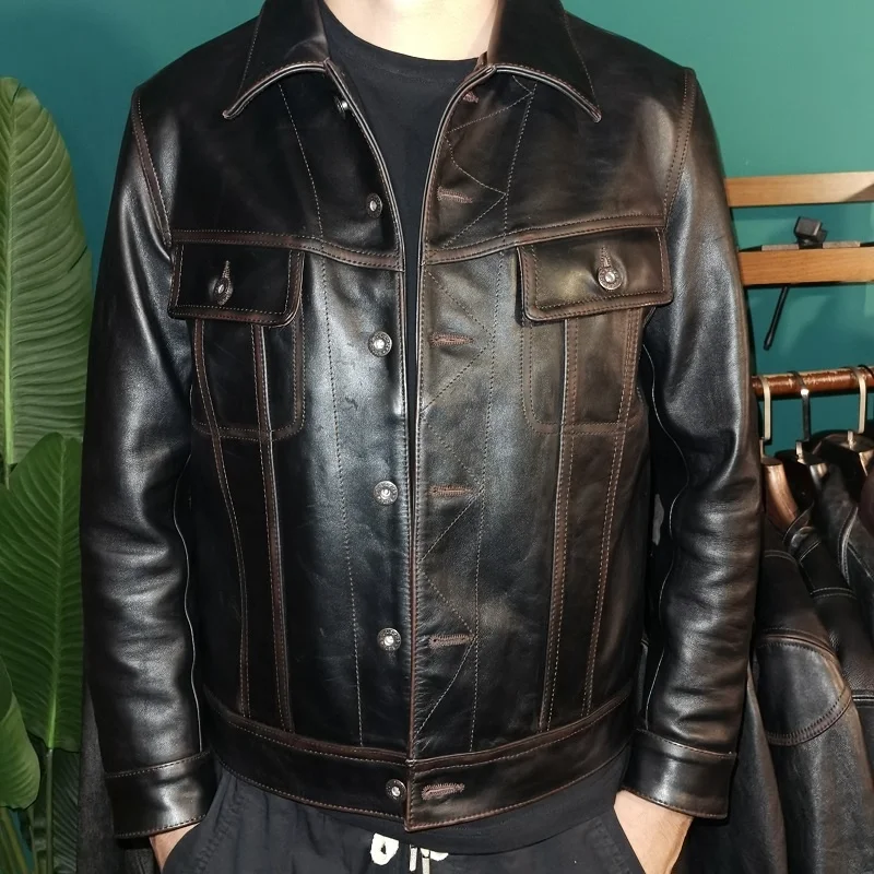 new brand Free shipping.2023 cheap horsehide leather jacket.Men vintage slim genuine leather coat.Short fashion leather cloth