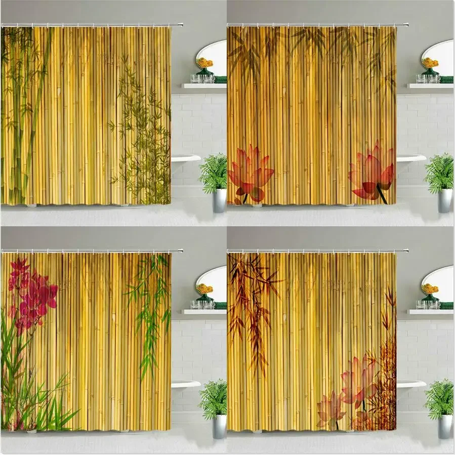 Green Bamboo Print Shower Curtains Leaf Flower Bathroom Curtain Waterproof Fabric Bathtub Screen Background Wall Decor With Hook