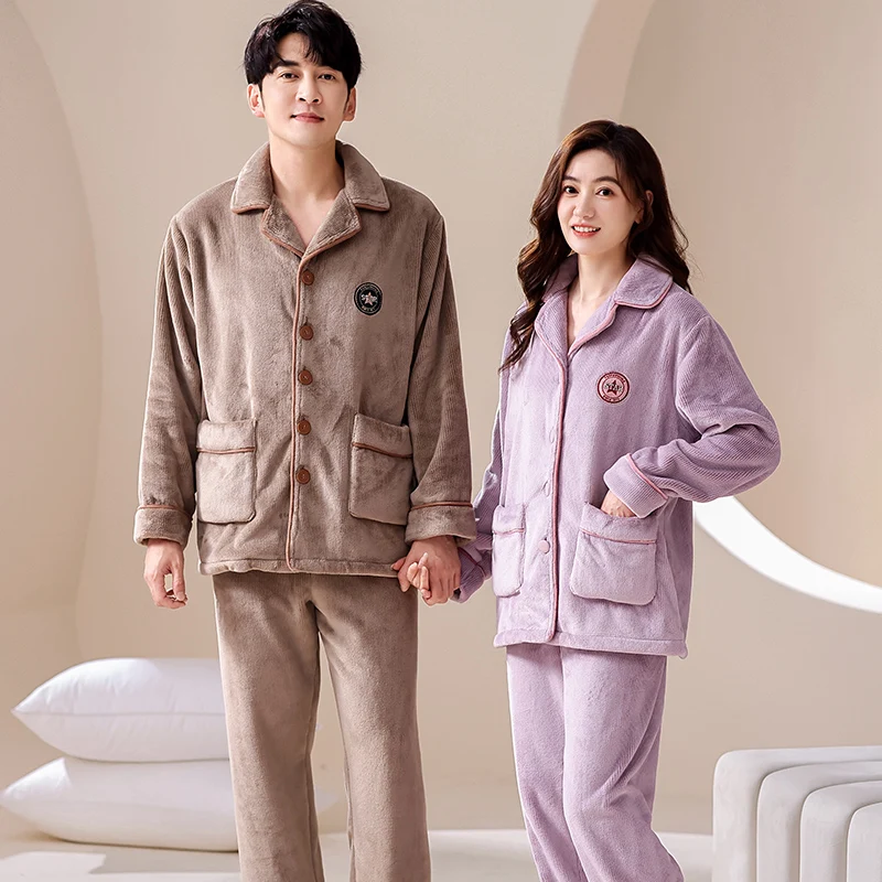 

Осень-зима коралловый флис пара кардиган пижамы фланелевые толстые теплые домашние пижамы женские мягкие пижамы мужские Lounge Pijama Mujer