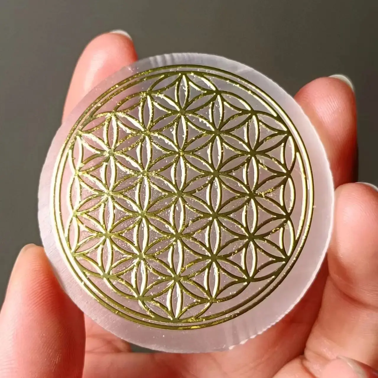 Natural Moroccan Transparent Plaster Disc Flower Of Life, Quartz Crystal Mineral Healing Stone, Sacred Gathering Energy Disc