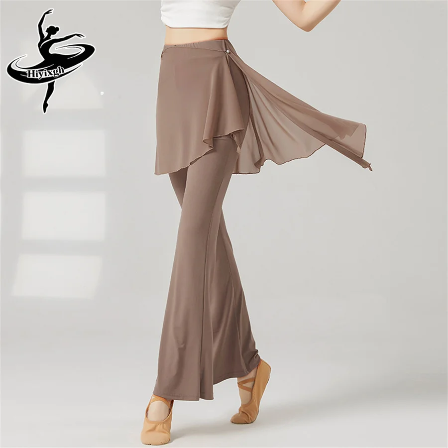 Women Yoga Pants Mesh Hip Cover Modern Dance Flare Leg Practice Pants Breathable Skin Friendly Classical Dancing Trouser Fitness