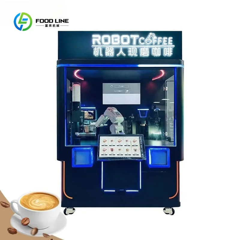 Customized Robotic Arm Coffee Vending Machine with Blue Orange Neon Light & Touch Screen Tech Unmanned Robot Coffee Kiosk