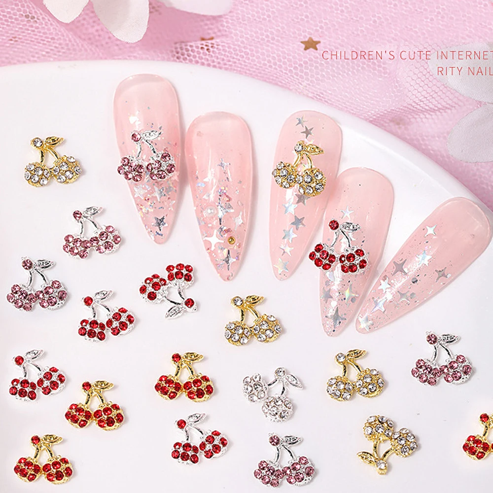 10pcs 3D Cherry Gold silver Nail Charms Alloy Luxury Glitter Diamond Rhinestone Nail Art Decoration Kawaii DIY Mail Accessories