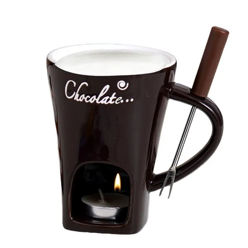 Chocolate Fondue Mug Set Ceramic Fondue Mug Melting Cup Tea Light Butter Warmer Melting Pot With Fork For Caramel & Cheese