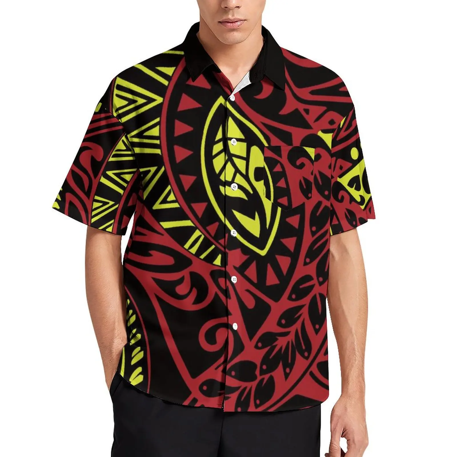 Polynesian Men\'S Shirt Hawaiian Island Tribal Ethnic Style Samoa Men\'S Summer Short Sleeve Button-Down Shirt