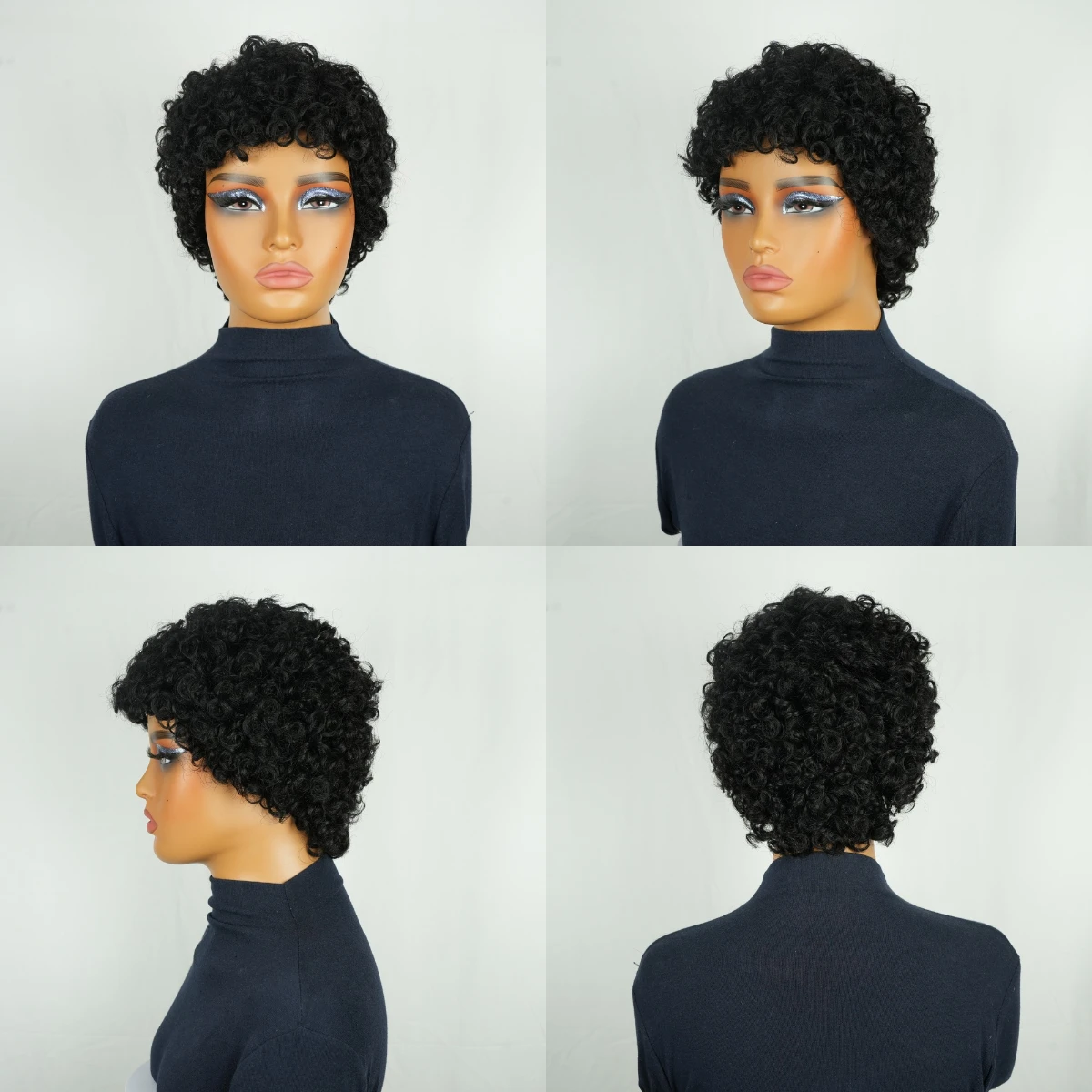 Curto encaracolado pixie perucas de cabelo humano 100% natural realista máquina completa feita para mulheres kinky encaracolado estilo chique diário olhar na moda