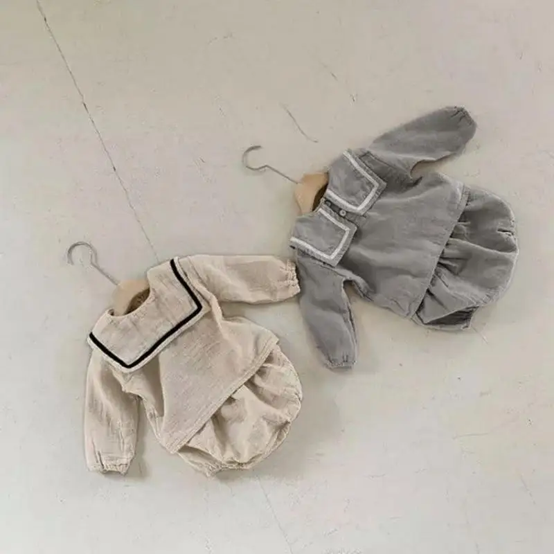 

2026 Spring New Baby Long Sleeve Clothes Set Solid Girls Sailor Collar Tops + Pp Shorts 2pcs Suit Infant Toddler Cotton Outfits