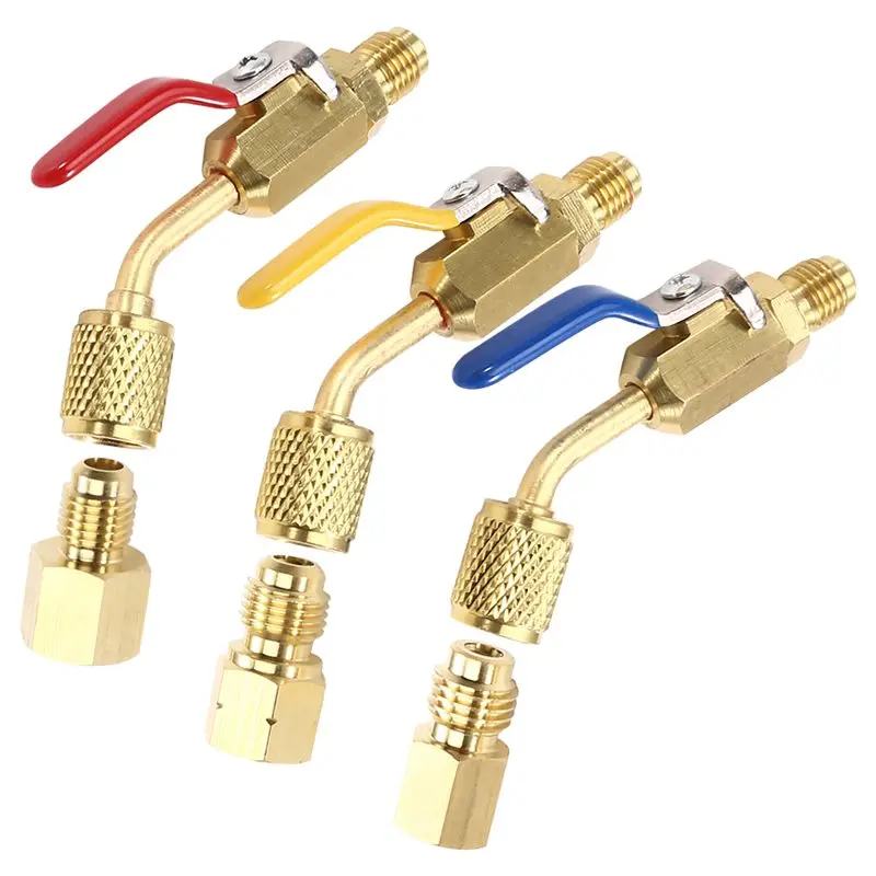 ABKS-Refrigerant Charging Hose Set-3 Pieces Angled Compact Ball Valve For R410A, R134A R12 R22 R502 AC HVAC Refrigeration Car Pa