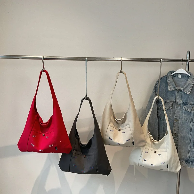 

Холщовая большая сумка с вышивкой в корейском стиле, женская модная сумка на плечо большой вместимости, текстурированная простая и универсальная дорожная сумка