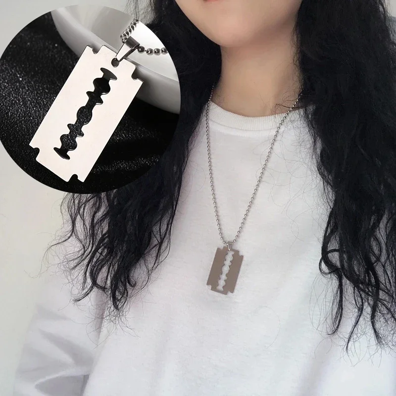 Fashion Razor Blade Necklace Simple Stainless Steel Pendant Hip Hop Knife Shaver Shape Sweater Chain Necklace Gift For Women Men
