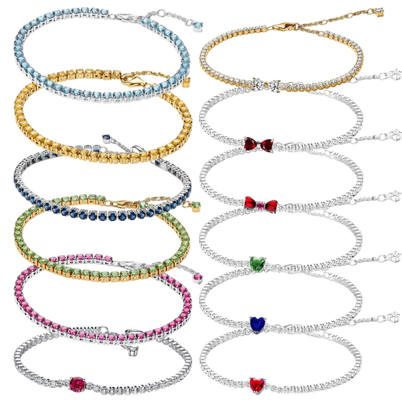 Novo Bracelete Feminino em Prata 925 com Laço e Coração, Disponível em Várias Cores, Ajustável, Joia DIY na Moda