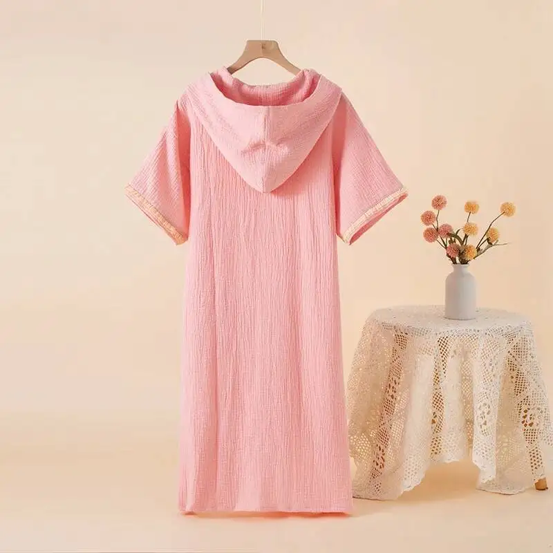 سترة صوفية بغطاء للرأس من القطن للأزواج الصيفية، رداء حمام منزلي بأكمام قصيرة، مقاس كبير، ثوب نوم للنساء