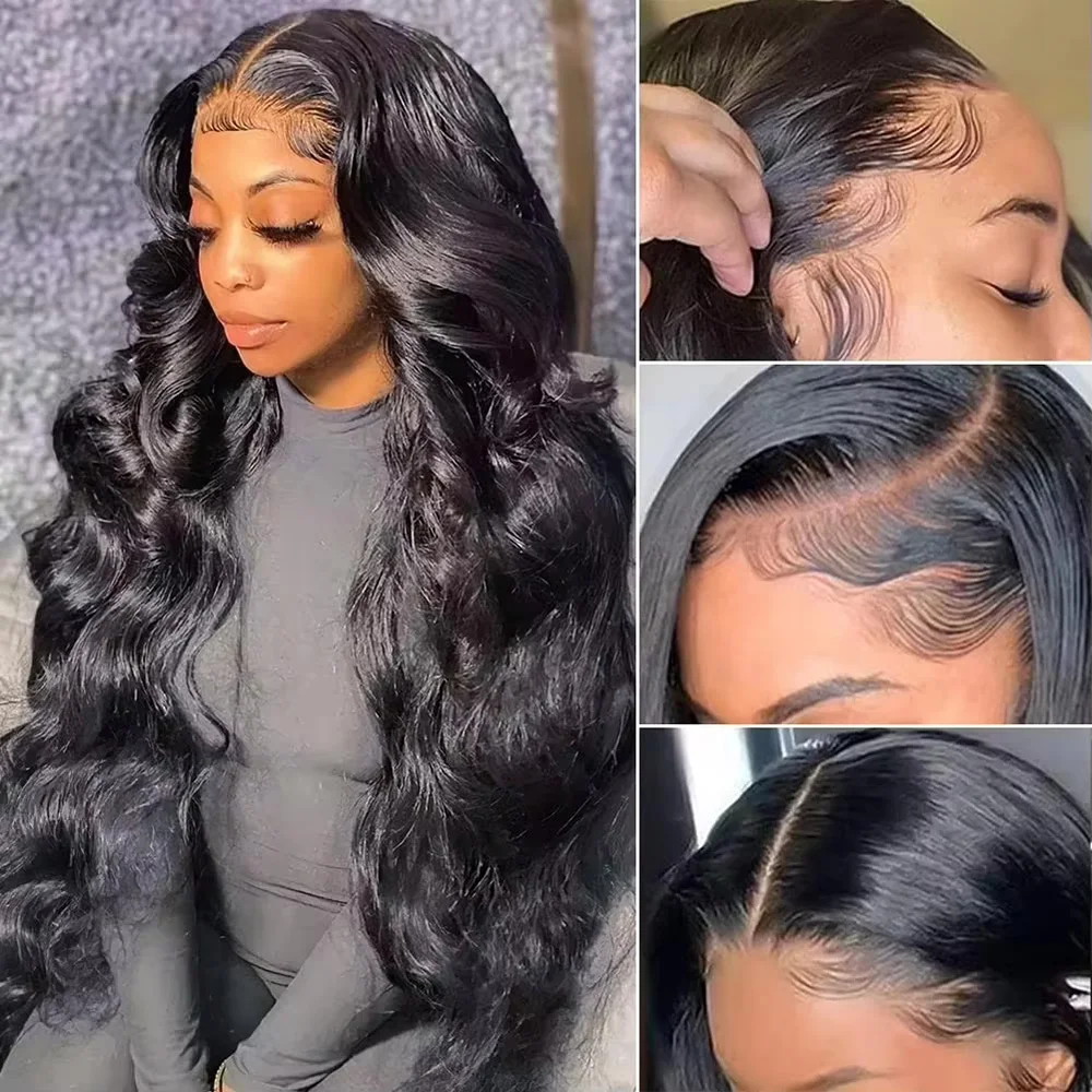 

Natural Black Body Wave Lace Frontal Wig Body Wave Pre Plucked Human Hair Wig Natural Color For Women 46 Inches 200 Density