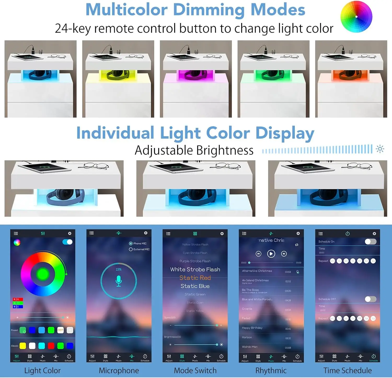 Nightstand with Wireless Charging Station & USB Ports, 3 Drawer Night Stand with LED Light RGB Adjustable Brightness, Smart Nigh