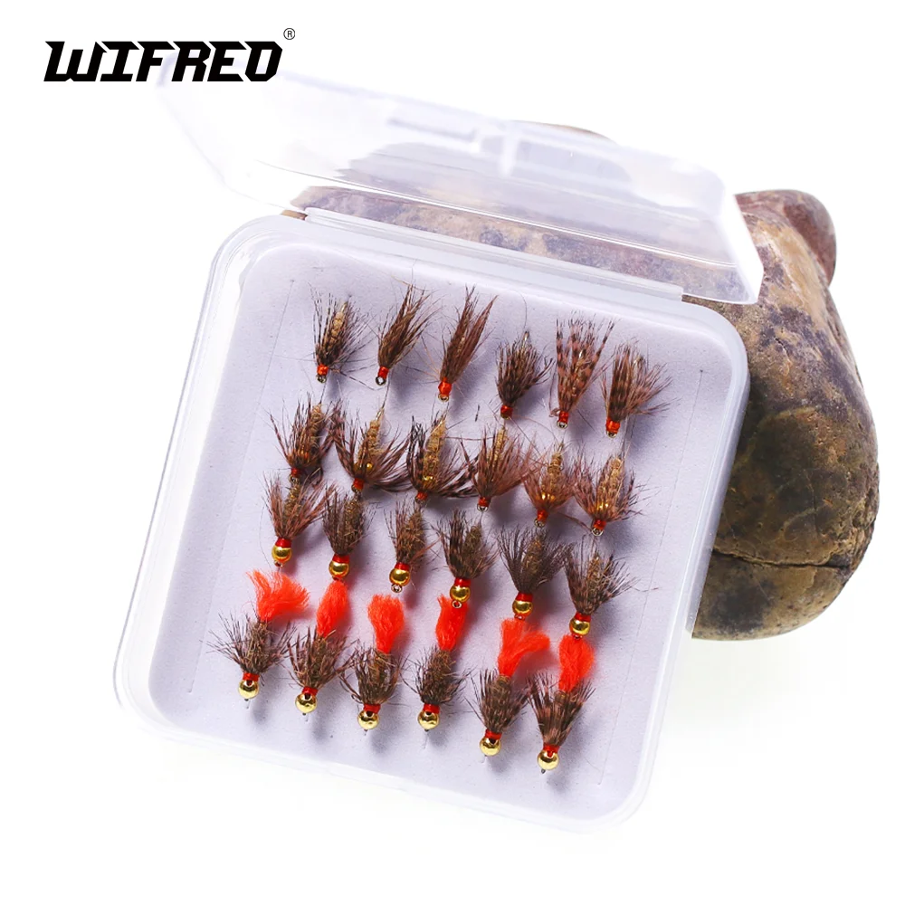 Wifreo 24pcs/Box Tungsten/Brass Bead Head Soft Hackle Hare’s-Ear Fly Mayfly Emerger Nymph Trout Fishing Fly Lure Bait Hook#14