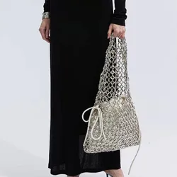 Luxury Designer Women's Trend Hand Woven Hollow Metal Tote Bag Clutch Female Travel Holiday Shoulder Bag Handbag