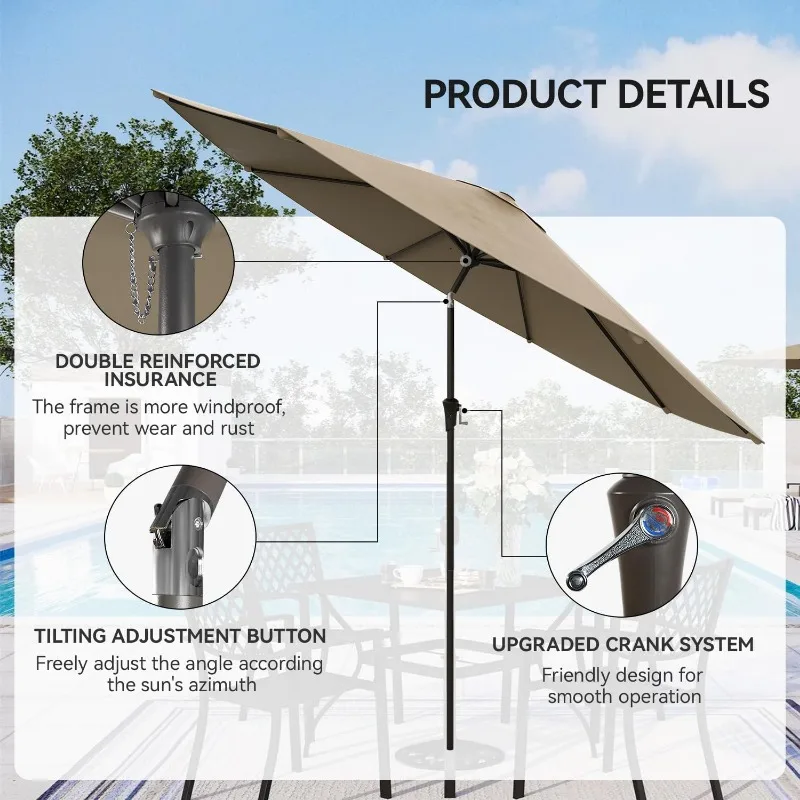 10ft Outdoor Patio Umbrella, Heavy-Duty Round Market Umbrella with 8 Sturdy Ribs, Push Button Tilt and Crank for Garden,Deck