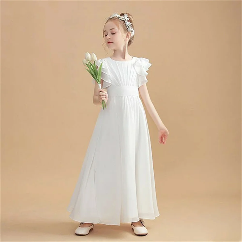 

Fairy Classic Flower Girl Dresses A Line Jewe Neck Ruffles Sleeves Junior Bridesmaid Dress Ruched Chiffon Sash Wedding Dress