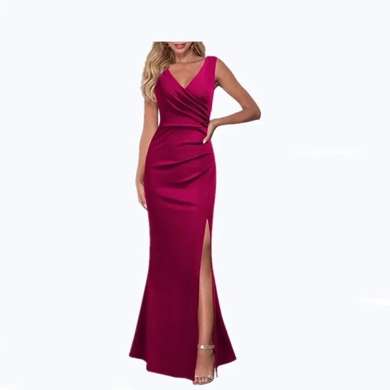 Women\'s V-neck Sleeveless Maxi Dress Summer Party Dance Slim Side Slit Evening Dress Sexy Backless Elegant Long Dress Partywear