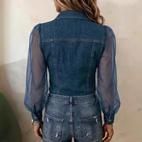 Casual Women's Denim Mesh Puff Sleeve Shirt Blue Jean Button Down Blouse with Pockets Sheer Sleeve Casual Vintage Blouse To 2
