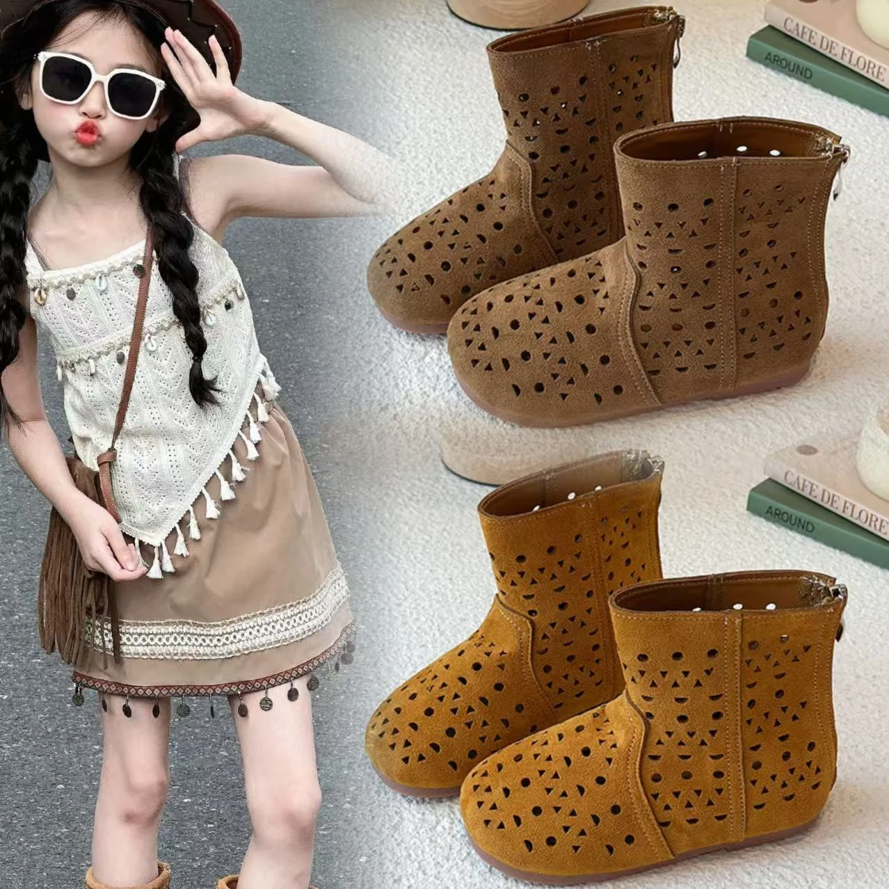 

Kids Leather Boots Retro Soild Color Boys Girls Short Boots Hollowed-out 2025 Brand New Children Summer Autumn Boots Back Zipper