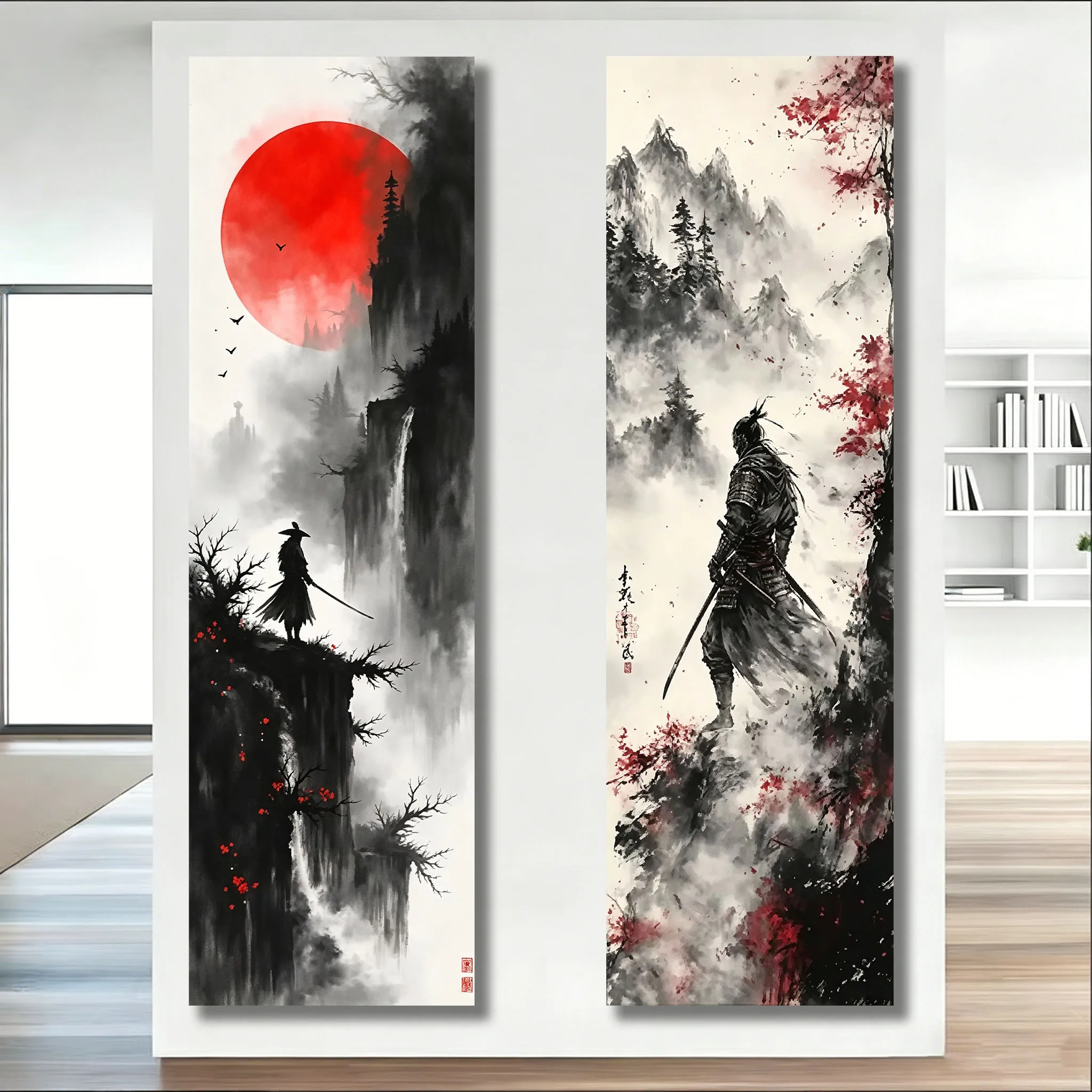 Vertical Long Tapestry with Ink Wash Style Japanese Samurai Wall With Flags Hanging On Them, Home Furnishings Aesthetic Tapestry