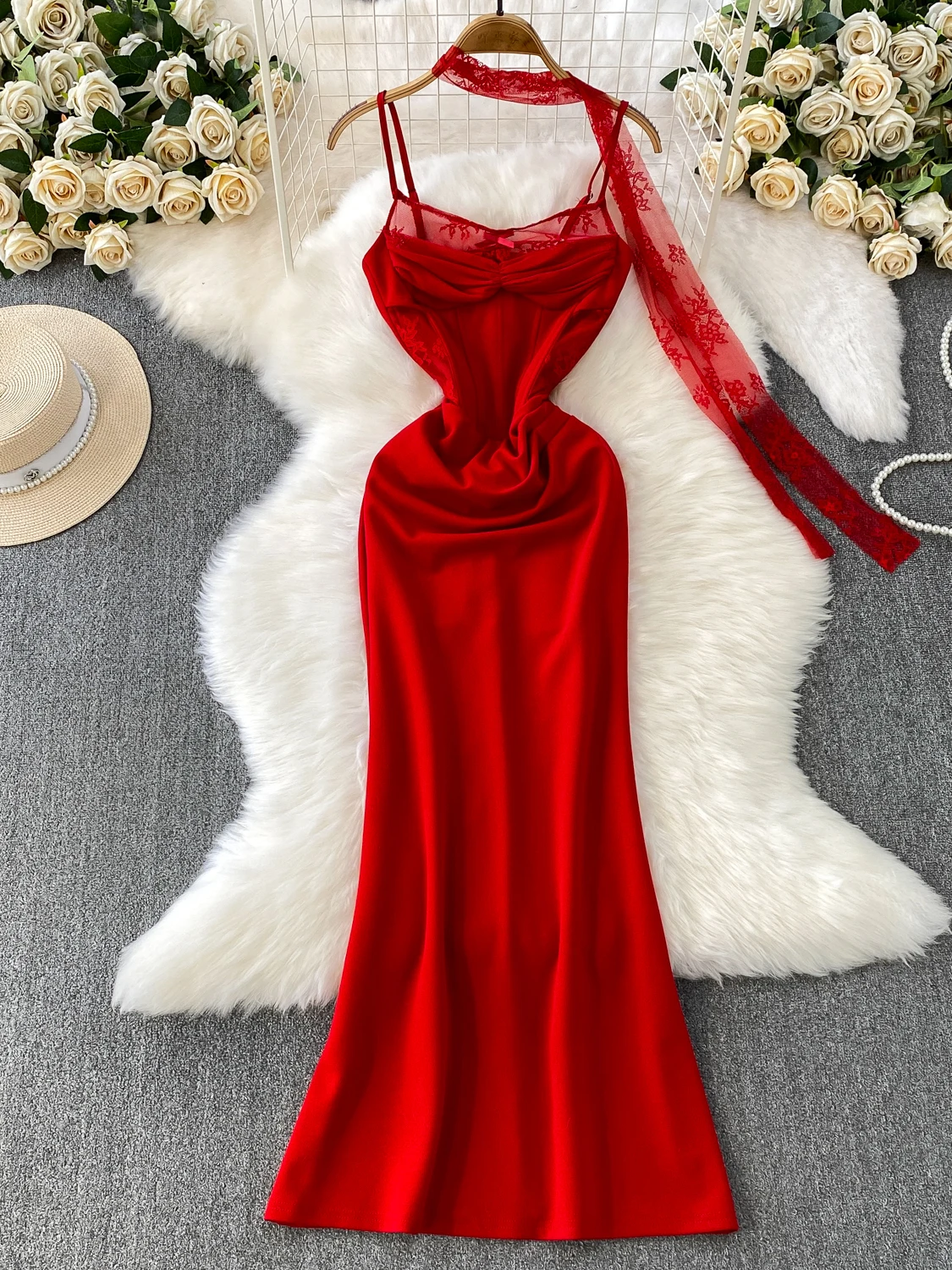 

Pure Desire кружевное лоскутное длинное платье на бретельках женское платье трапециевидной формы с высокой талией и волокном для похудения Sa торжественное вечернее платье