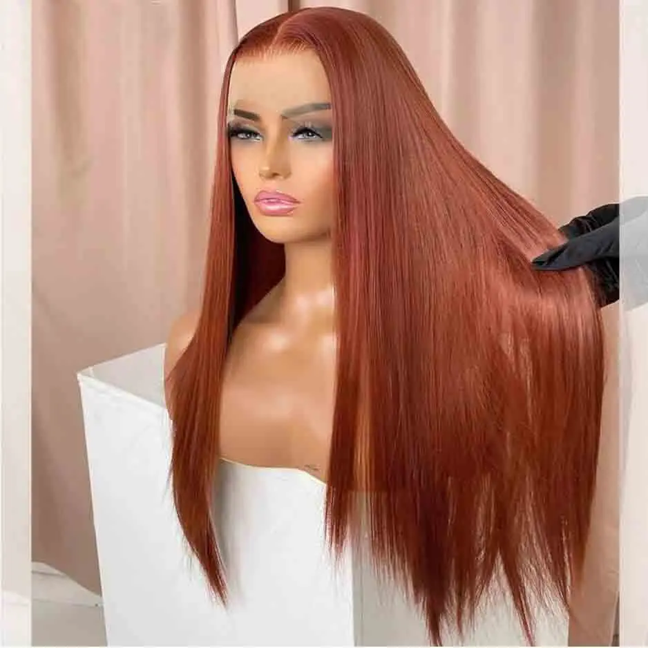 Natural Hairline 28inch Long 180 Density Soft Orange Brown Glueless Silky Straight Lace Front Wig For Black Women BabyHair Daily