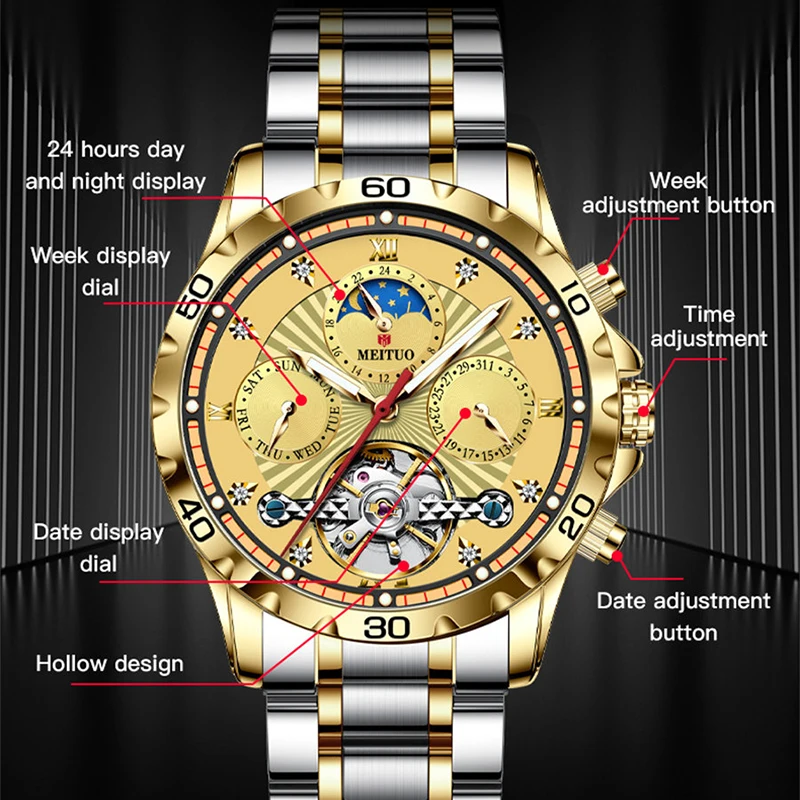 GLENAW Brand Watch for Men Automatic Mechanical Luxury Waterproof Stainless Steel Strap Scratchproof Gold Men Watch Reloj Hombre