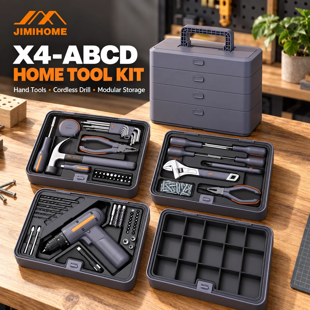 JIMIHOME Home Tool Kit with 12V Cordless Drill, Hand Tools & Stackable Storage Box for DIY Repairs