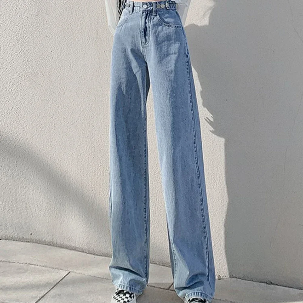 

Trousers with Pockets Pants for Woman Blue Straight Leg Women's Jeans High Waist Shot Shiny Streetwear Loosefit Fitted A R 90s Z