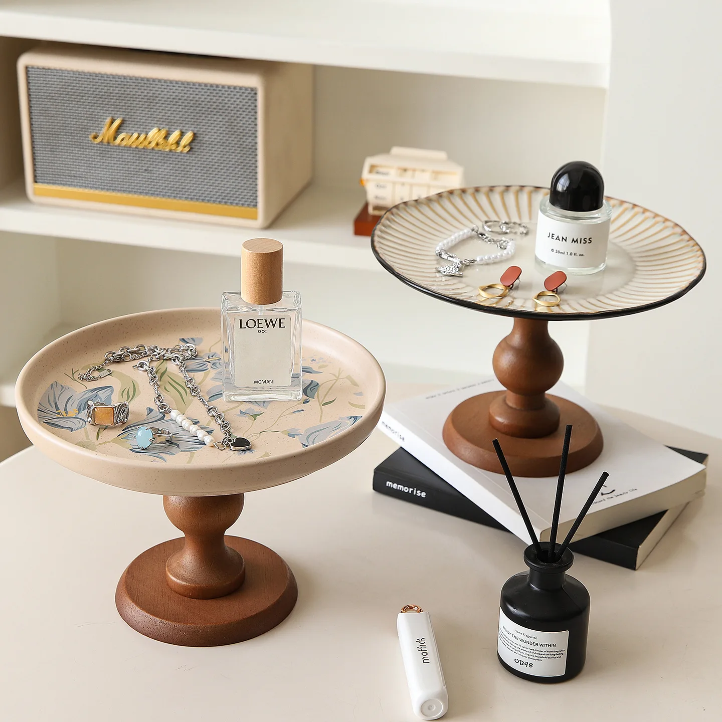 Zml ceramic tray - premium desktop ornament, wooden elevated display plate, entryway key storage & decorative piece