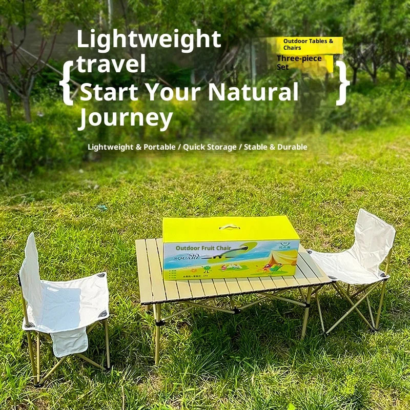 Outdoor Metal Folding Table and Garden Chair Three-piece Set of 95cm Egg Roll Table Modern Minimalist Design Outdoor Furniture