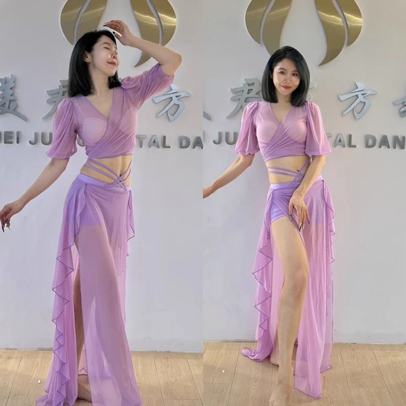 Belly Dance Professional Suit for Women Mesh Short Sleeves Top+sexy Split Long Skirt 2pcs Girl's Oriental Belly Dancing Suit