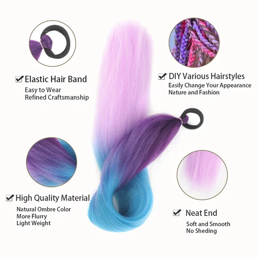 Imagen 2 del producto Extensión de cola de caballo sintética LUPU con banda elástica para el cabello 26 ""coleta trenzada de color largo y recto Ombre rosa púrpura azul