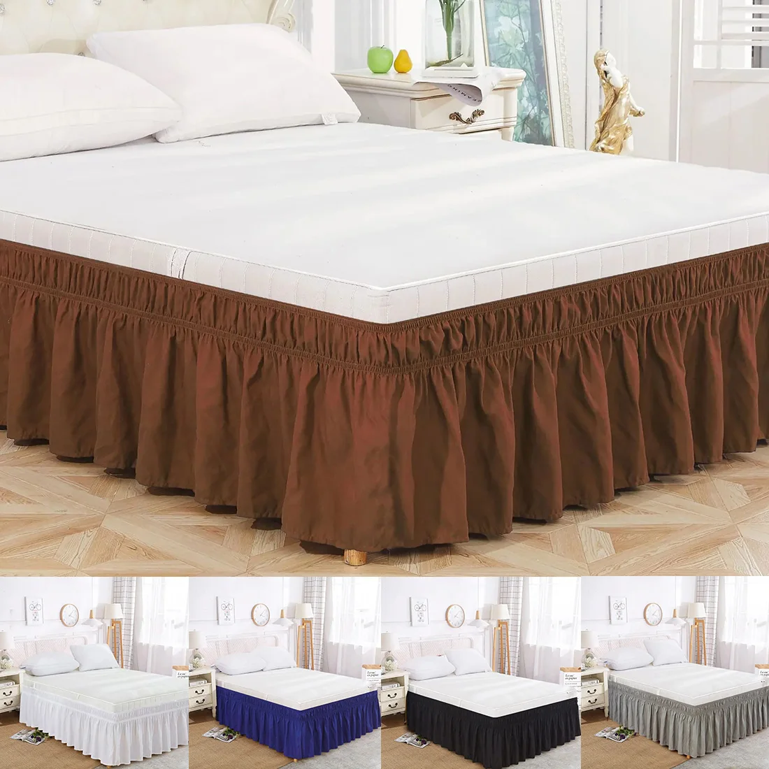 

Elastic Ruffle Bed Skirt Solid Color Wrap Around Style Comfortable Fade Resistant Bed Cover Without Surface Twin Queen King Size